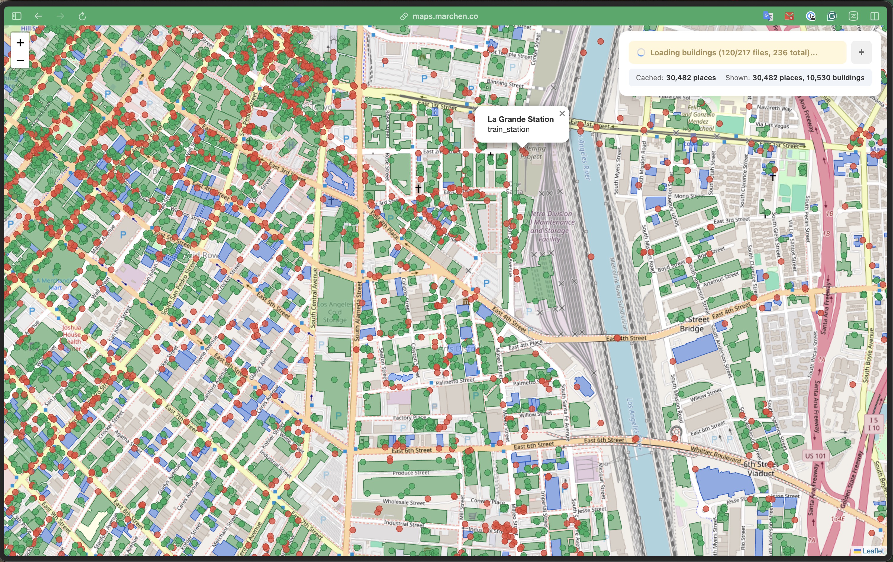 Overture Maps building footprints with La Grande Station popup - all data queried via browser SQL